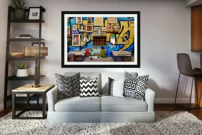 Flea market scene in Monastiraki Athens with colorful wall art Reproduction