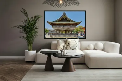 Visitors admire Yasaka shrine in Kyoto during sunny day Reproduction