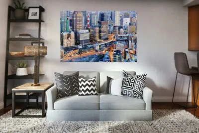 Osaka financial district at dusk with city lights and busy stree Reproduction