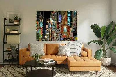 Illuminated signboards in Dotonbori District at sunset in Osaka Reproduction