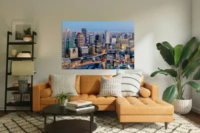 Osaka business district at dusk with city lights and buildings Reproduction