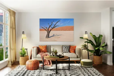 Dry camel thorn tree in Deadvlei clay pan of Namibia Reproduction