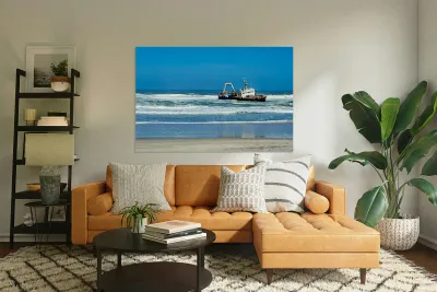 Shipwreck on the Skeleton Coast of Namibia under clear blue sky Reproduction