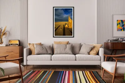 Photographers shadow falls on the Pinnacles desert at sunset. Reproduction