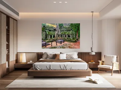 Ancient temple ruins overgrown by massive tree roots and moss. Reproduction