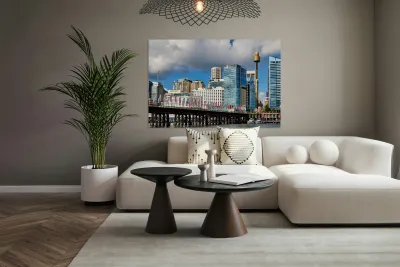 Sydney Harbour skyline with bridge and flags. Reproduction