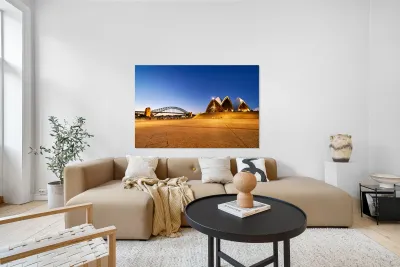 Sydney Opera House and Harbour Bridge at dusk. Reproduction