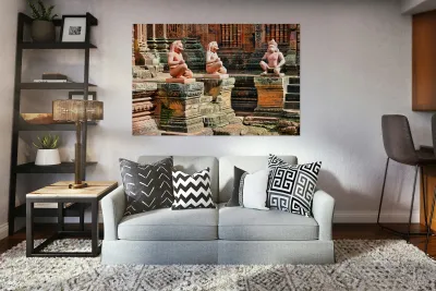 Ancient temple with guardian statues and ornate carvings. Reproduction