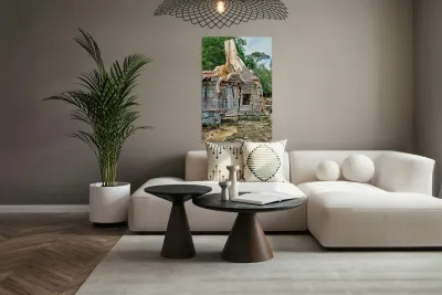 Tree roots engulf ancient temple ruins. Reproduction