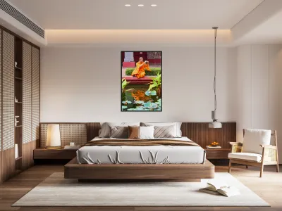 Monk in orange robes takes photo by a lotus pond. Reproduction