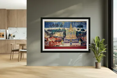 Ancient mural depicting temple figures and scenes of life. Reproduction