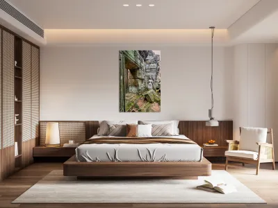 Ancient temple ruins with carved stone deity and moss. Reproduction