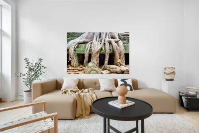 Massive tree roots dominate ancient mossy temple structure. Reproduction