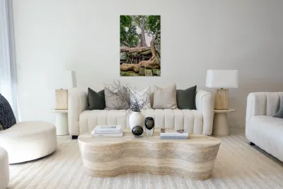 Giant tree roots engulf ancient temple ruins. Reproduction