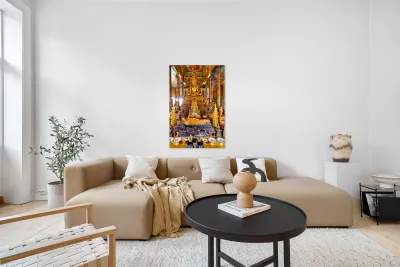 Golden Buddha statues and offerings in an ornate temple. Reproduction