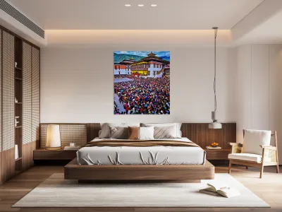 Large crowd at a traditional Bhutanese festival. Reproduction