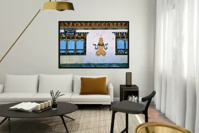 Phallus painting on a building wall with windows and shop sign. Reproduction