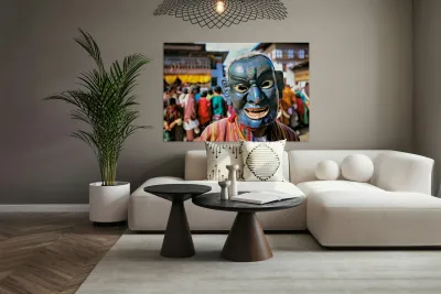 Traditional blue mask at a festival. Reproduction