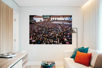 Bhutanese festival: crowd watches traditional dance in monastery Reproduction
