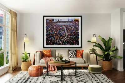 Large crowd watches traditional dance performance at outdoor fes Reproduction