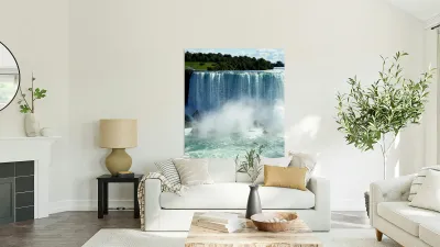 Maid of the Mist boat with tourists at Niagara Falls. Reproduction