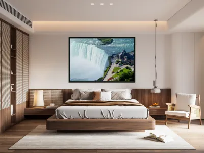 Iconic Niagara Falls viewing platform and visitor center. Reproduction