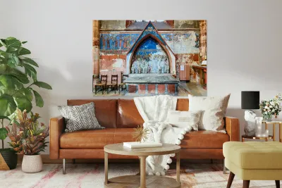 Old wall art and stone altar inside Saint Pierre le Jeune church Reproduction