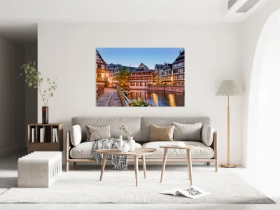 Evening in Petit France with timber framed houses by water Reproduction