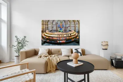 Visitors light votive candles near statue in Strasbourg Cathedra Reproduction