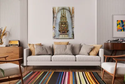 Detailed woodcarving shows religious events in St. Martin Church Reproduction