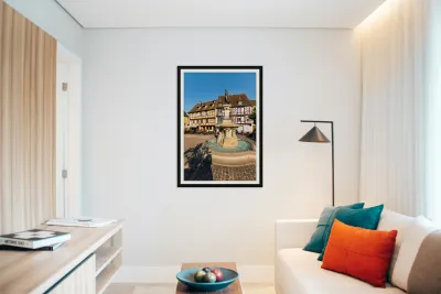 Timber framed houses and fountain in Petite Venise Colmar France Reproduction