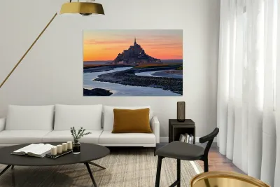 Mont Saint Michel in Normandy at dusk with river and landscape Reproduction