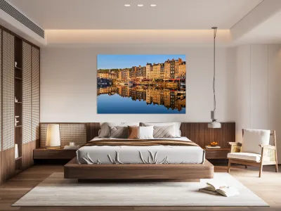 Sunrise view of Honfleur harbor in Normandy France with reflect Reproduction