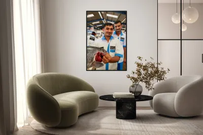 Smiling fishmongers hold fresh fish at market in Dubai UAE Reproduction