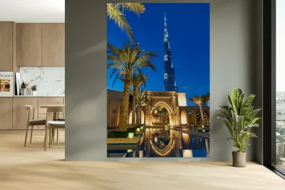 Burj Khalifa stands tall at night with light reflections in Duba Reproduction
