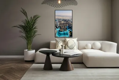 Dubai cityscape shows buildings water and desert from above Reproduction