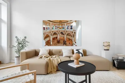 Explore grand shopping mall interior in Dubai with multiple leve Reproduction