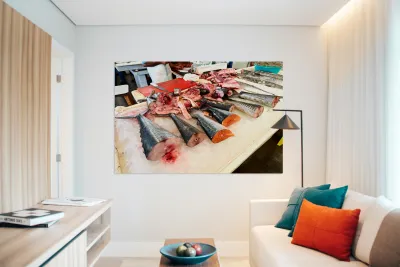 Fresh fish and seafood displayed on ice in Dubai market Reproduction