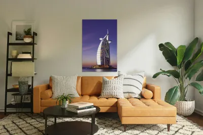 Burj Al Arab hotel illuminated at dusk in Dubai UAE Reproduction