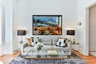 Restaurant offers view of snow activities at indoor park in Duba Reproduction