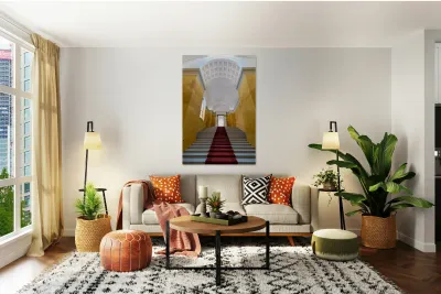 Steps in Residenz Palace in Munich with yellow walls and statues Reproduction