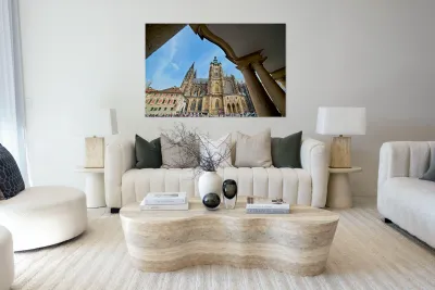 Gothic St. Vitus Cathedral in Prague framed by an arch. Reproduction