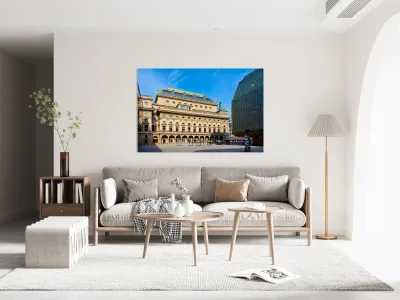 Pragues National Theatre and modern architecture contrast under Reproduction