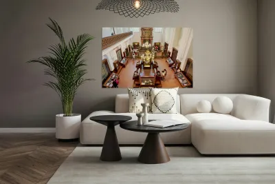 People explore a grand museum or synagogue with historical exhib Reproduction