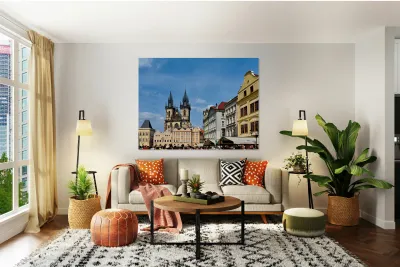 Crowded Prague Old Town Square with Týn Church. Reproduction