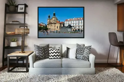 Pragues Old Town Square with St. Nicholas Church and Jan Hus Mo Reproduction