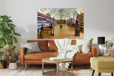 Vast ornate library with countless books painted ceiling and  Reproduction