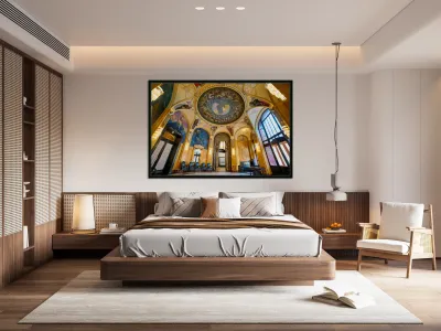 Grand hall with elaborate murals dome and stained glass. Reproduction