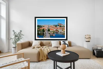 Pragues iconic Charles Bridge Vltava River and historic city  Reproduction