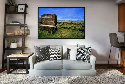 Easter Islands Ahu Tongariki Moai statues and directional sign. Reproduction